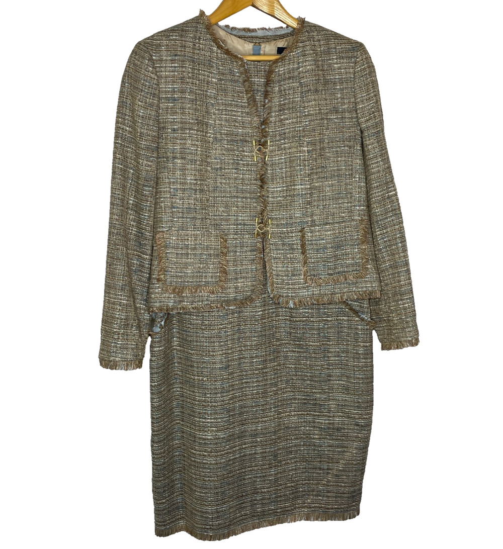 Women's 12 Brooks Brothers Italy Tan Woven Tweed Knit Dress Blazer Set